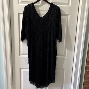 Vintage 80's Too Chez Black Fringe V Neck Flapper Dress Style 22W
